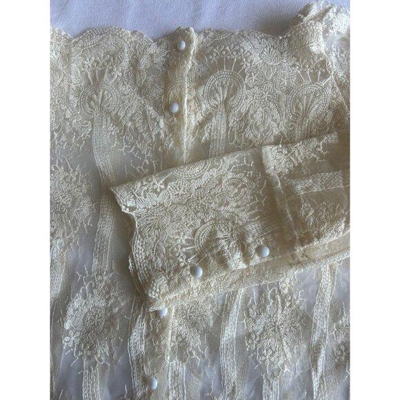 Vintage Chicwish Womens Ivory Lace Blouse Sheer Sleeves & Floral Embellished Sm - Picture 5 of 8